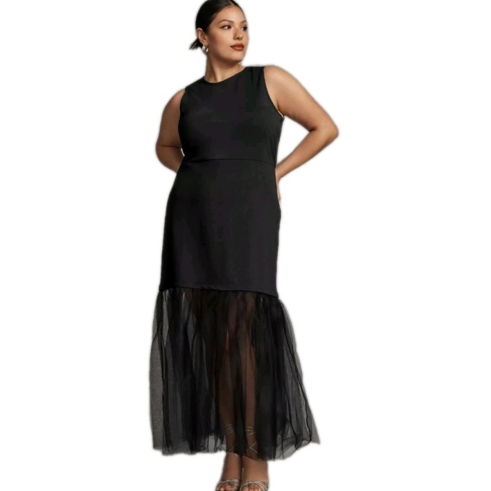 Anthropologie Maeve Tulle Hem Plus Size Tank Black Pullover Maxidress: Size: 3X